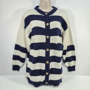 Vintage Ms Russ Navy Cream Stripe Cardigan Nautical Old Money Look Gold Buttons
